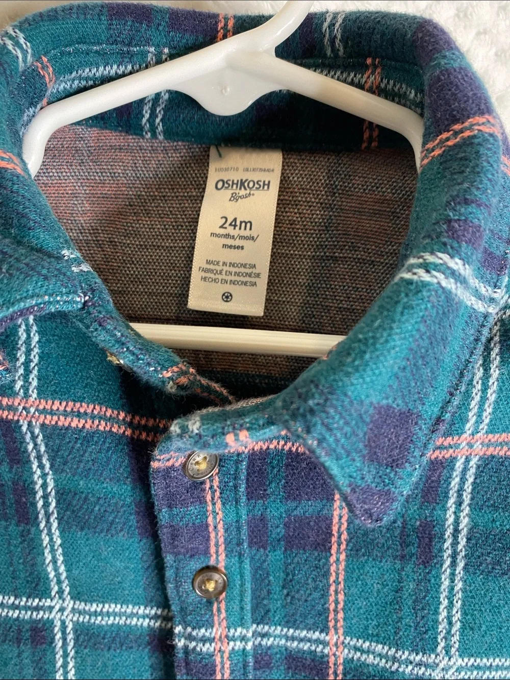 OshKosh B'gosh Teal Plaid Thick Button Down Shirt with Coral Accents